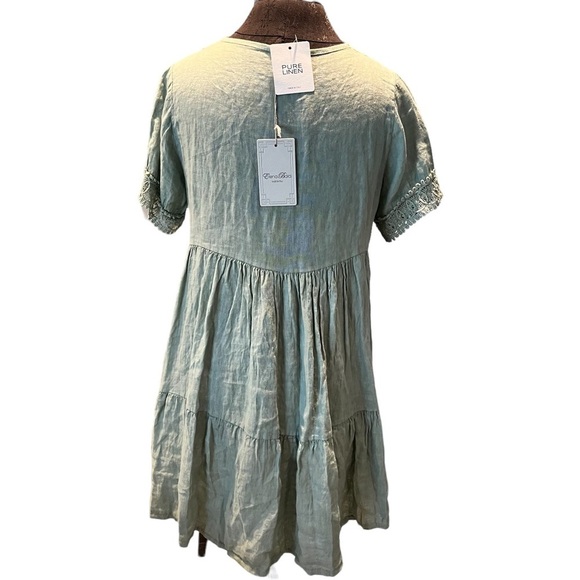 NWT Elena Baldi Sage Linen and Lace Tiered V Neck Babydoll Dress Small New - Picture 4 of 9
